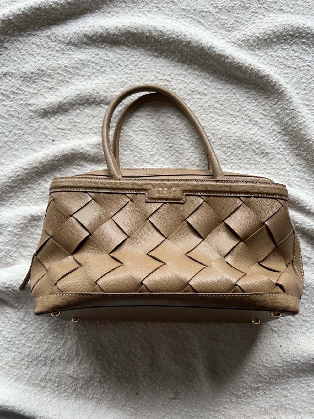 IACUCCI Italy‎ Taupe Woven Leather Satchel Bag Medium Tote Structured Crosshatch